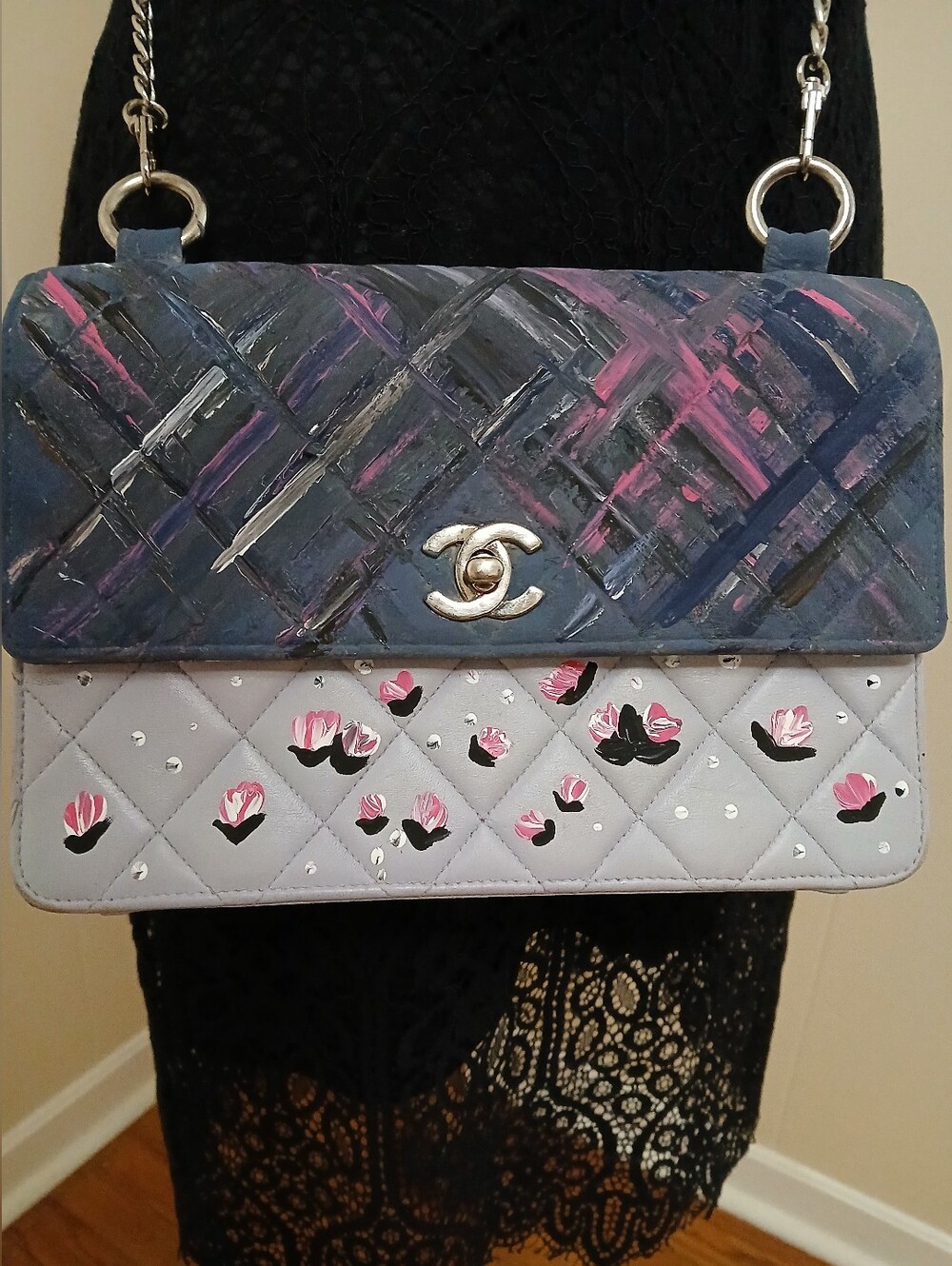 Chanel Two-Tone Quilted Flap Bag with Painted Floral Detail - Picture 3 of 16
